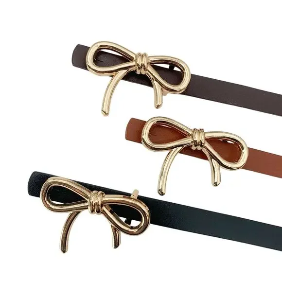 2/$30 Bow Belt NEW Black 27"-35" Gold Bow Adjustable Vegan Leather 40" Total - Picture 8 of 8